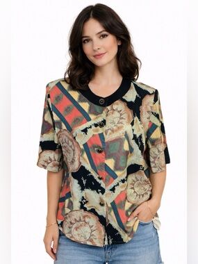 Vintage 90s IN GROUP LTD Large Abstract Print Rayon Top Button Front Retro